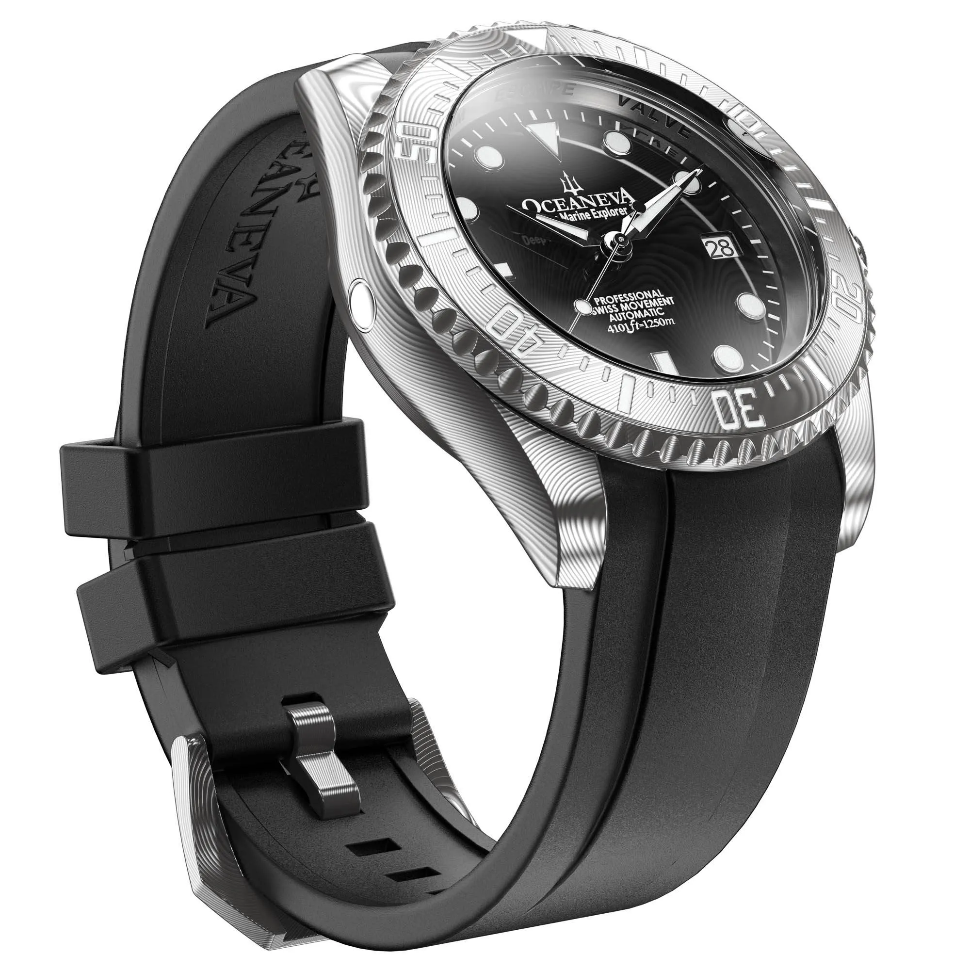 Oceaneva Mens Deep Marine Explorer II Black Damascus Steel Dial Watch