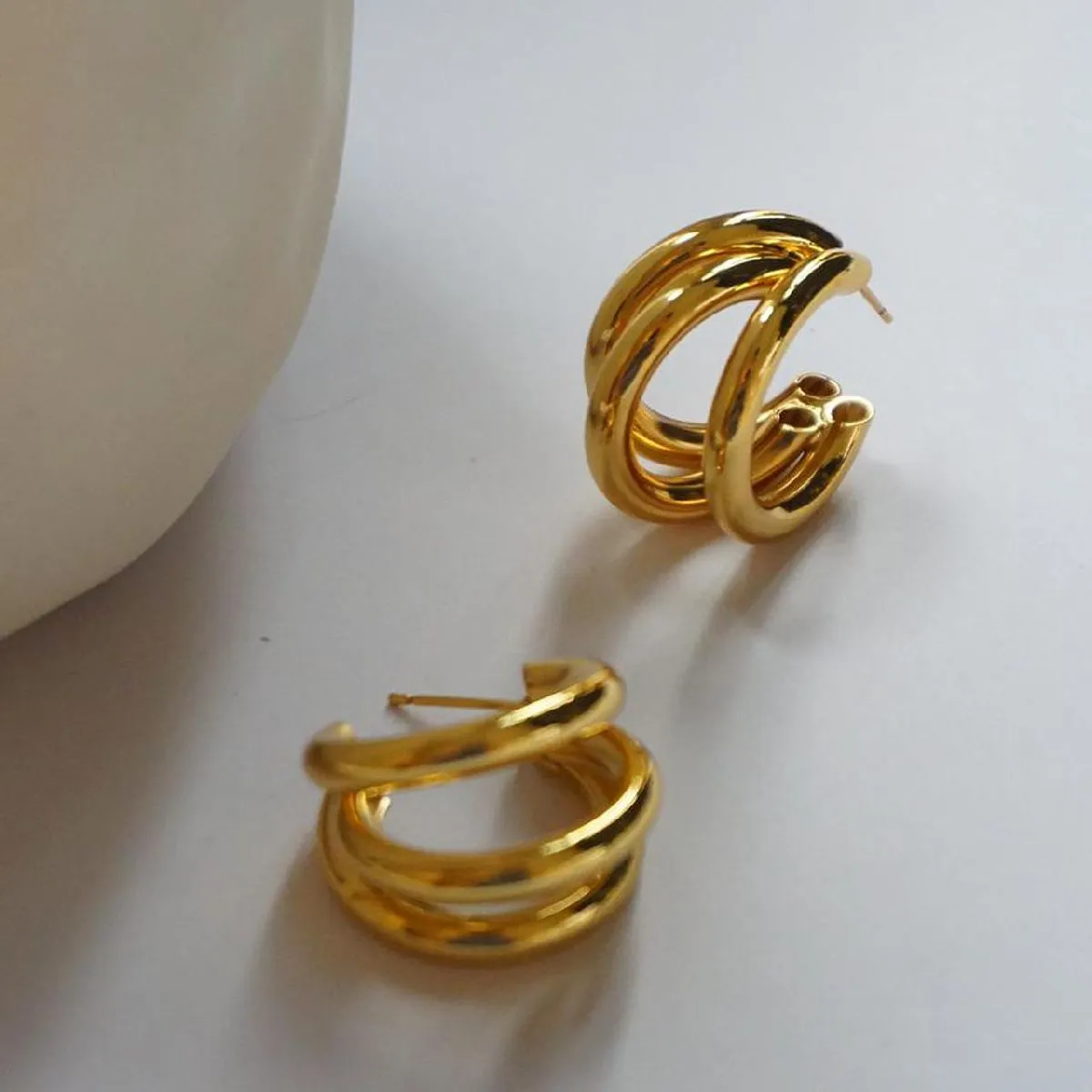 Stylish Copper Gold Triple Hoop Earring Pair Women