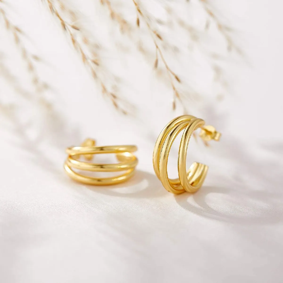 Stylish Copper Gold Triple Hoop Earring Pair Women